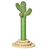 PawHut Poste Rascador para Gatos en Forma de Cactus Pequeño Árbol Rascador para Gatos con Poste de Sisal y Felpa Pelota Colgante y Base con Juego de Madera 32x32x60 cm Verde